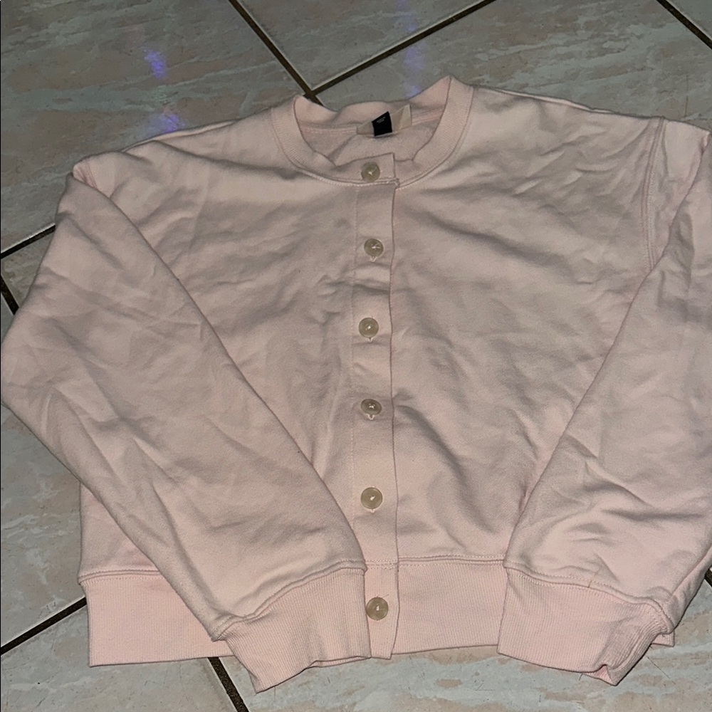 Soft Pink Button-Up Crewneck Cardigan